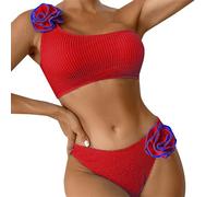 Women's Spring/Summer Solid Color Breast Top Flower Decorated Two Piece Swimsuit 3D Bikini Set Bikini Caballito, rojo, M