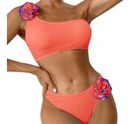 Women's Spring/Summer Solid Color Breast Top Flower Decorated Two Piece Swimsuit 3D Bikini Set Bikini Caballito, NARANJA, XL