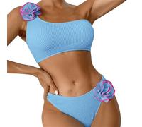 Women's Spring/Summer Solid Color Breast Top Flower Decorated Two Piece Swimsuit 3D Bikini Set Bikini Caballito, Cielo azul., S