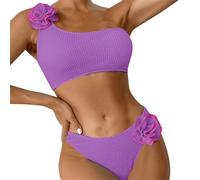 Women's Spring/Summer Solid Color Breast Top Flower Decorated Two Piece Swimsuit 3D Bikini Set Bikini Caballito, violeta, S