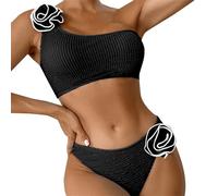 Women's Spring/Summer Solid Color Breast Top Flower Decorated Two Piece Swimsuit 3D Bikini Set Bikini Caballito, Negro , XL
