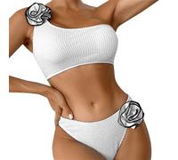 Women's Spring/Summer Solid Color Breast Top Flower Decorated Two Piece Swimsuit 3D Bikini Set Bikini Caballito, Color blanco., XL