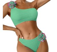 Women's Spring/Summer Solid Color Breast Top Flower Decorated Two Piece Swimsuit 3D Bikini Set Bikini Caballito, Menta verde, M