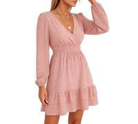 Women's Spring V Neck Long Sleeve Ruffle Slim A Line Dress Black Polka Dot Mini Wrap Dress Casual Swing Sundress for Party Date Night Summer