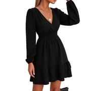 Women's Spring V Neck Long Sleeve Ruffle Slim A Line Dress Black Polka Dot Mini Wrap Dress Casual Swing Sundress for Party Date Night Summer