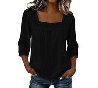 Womens Square Neck Blouse Lace Trim Three Quarter Sleeve Casual Top (Black,3XL)