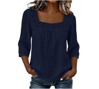 Womens Square Neck Blouse Lace Trim Three Quarter Sleeve Casual Top (Navy,XL)