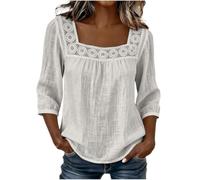 Womens Square Neck Blouse Lace Trim Three Quarter Sleeve Casual Top (White,L)
