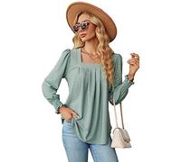 Women's Square Neck Long Sleeve Blouse with Jacquard Texture and Ruffle Cuffs High Low Hem Tunic Top for Casual Spring Fall Outfits