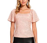 Women's Square Neck Sequin Top Short Puff Sleeve Sparkly Blouse Rose Gold Glitter Shirt for Party Club Night out Cocktail Dressy Casual