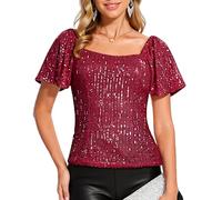 Women's Square Neck Sequin Top Short Puff Sleeve Sparkly Blouse Rose Gold Glitter Shirt for Party Club Night out Cocktail Dressy Casual