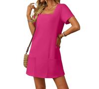 Women's Square Neck Short Sleeve Casual Mini Dress with Pockets Summer A-Line Tunic Soft Fabric Vacation Beach Wear Solid Color Loose Fit