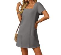 Women's Square Neck Short Sleeve Casual Mini Dress with Pockets Summer A-Line Tunic Soft Fabric Vacation Beach Wear Solid Color Loose Fit