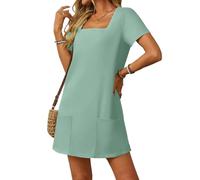 Women's Square Neck Short Sleeve Casual Mini Dress with Pockets Summer A-Line Tunic Soft Fabric Vacation Beach Wear Solid Color Loose Fit
