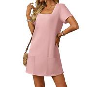 Women's Square Neck Short Sleeve Casual Mini Dress with Pockets Summer A-Line Tunic Soft Fabric Vacation Beach Wear Solid Color Loose Fit