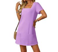 Women's Square Neck Short Sleeve Casual Mini Dress with Pockets Summer A-Line Tunic Soft Fabric Vacation Beach Wear Solid Color Loose Fit