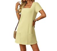 Women's Square Neck Short Sleeve Casual Mini Dress with Pockets Summer A-Line Tunic Soft Fabric Vacation Beach Wear Solid Color Loose Fit