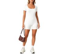 Women's Square Neck Short Sleeve Romper Ribbed Knit Bodysuit Jumpsuit Casual Summer Tight Fitting Biker Shorts One Piece Outfit for Daily Wear