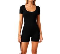 Women's Square Neck Short Sleeve Romper Ribbed Knit Bodysuit Jumpsuit Casual Summer Tight Fitting Biker Shorts One Piece Outfit for Daily Wear