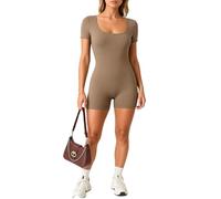 Women's Square Neck Short Sleeve Romper Ribbed Knit Bodysuit Jumpsuit Casual Summer Tight Fitting Biker Shorts One Piece Outfit for Daily Wear