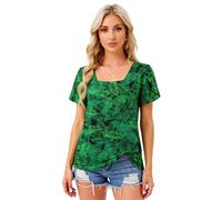 Women's Square Neck Tropical Print Top Summer Short Sleeve Flutter Sleeve Blouse Loose Fit Casual Vacation Beach tee Shirt Green