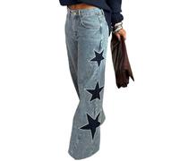 Womens Star Patch Jeans High Waisted Wide Leg Baggy Full Length Denim Pants (Blue,S)