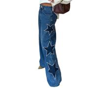 Womens Star Patch Jeans High Waisted Wide Leg Baggy Full Length Denim Pants (Dark Blue,XL)