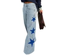 Womens Star Patch Jeans High Waisted Wide Leg Baggy Full Length Denim Pants (Light Blue,M)