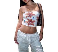 Womens Strapless Crop Tops Sexy Boat Neck Vest Top Harajuku Gothic Punk Tube Tops Summer Y2K Tank Top 90s Streetwear, blanco con flores, S