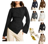 Women's Striped Blouse Boat Neck Wrap Tie Side Ruched Asymmetrical Tops