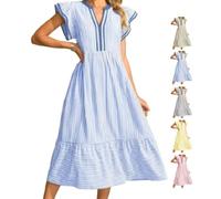 Women's Striped Boho Midi Dress V Neck Ruffle Cap Sleeve Waist Striped Dress Flowy Beach Vacation (Blue,XL)