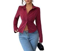 Women's Striped Collar Long Sleeve Slim Fit Button Stripe Down Shirts Work Blouse Business Top 2025 New (Burgundy,L)