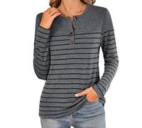 Women's Striped Henley Long Sleeve T-Shirt Casual Button Down Tunic Soft Knit Pullover Blouse for Fall Winter Daily Wear Loose Fit Crew Neck tee