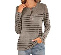 Women's Striped Henley Long Sleeve T-Shirt Casual Button Down Tunic Soft Knit Pullover Blouse for Fall Winter Daily Wear Loose Fit Crew Neck tee