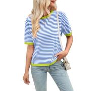 Women's Striped Knit Top Short Sleeve Pullover Sweater Color Block Crew Neck tee Summer Casual Blouse Teal Pink Green Fashion Loose Fit Shirt for Daily Wear