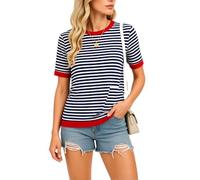 Women's Striped Knit Top Short Sleeve Pullover Sweater Color Block Crew Neck tee Summer Casual Blouse Teal Pink Green Fashion Loose Fit Shirt for Daily Wear