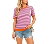 Women's Striped Knit Top Short Sleeve Pullover Sweater Color Block Crew Neck tee Summer Casual Blouse Teal Pink Green Fashion Loose Fit Shirt for Daily Wear