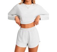 Women's Striped Long Sleeve Crop Top and Shorts Pajama Set Soft Knit Loungewear Two Piece Sleepwear Outfit with Elastic Waist Casual Home Wear