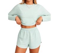 Women's Striped Long Sleeve Crop Top and Shorts Pajama Set Soft Knit Loungewear Two Piece Sleepwear Outfit with Elastic Waist Casual Home Wear