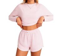 Women's Striped Long Sleeve Crop Top and Shorts Pajama Set Soft Knit Loungewear Two Piece Sleepwear Outfit with Elastic Waist Casual Home Wear