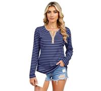 Women's Striped Long Sleeve Henley Shirt Casual V Neck Color Block Tunic Tops Loose Fit Blouse with Pockets for Fall Spring Daily Wear