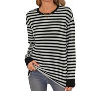 Women's Striped Long Sleeve T-Shirt Casual Crew Neck Loose Fit Tops Soft Knit Pullover Blouse for Fall Winter Daily Wear Comfortable Basic tee