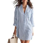 Womens Striped Shirt Dress V Neck Long Sleeve Relaxed Fit (Blue,M)