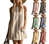 Women's Striped Tank Mini Dress Striped Sleeveless Scoop Neck Dresses Pockets Swing Cute Beach Mini Sundress (Khaki,XXL)