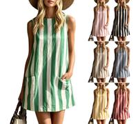 Women's Striped Tank Mini Dress Striped Sleeveless Scoop Neck Dresses Pockets Swing Cute Beach Mini Sundress (Green,XXL)