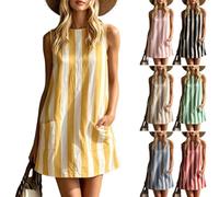 Women's Striped Tank Mini Dress Striped Sleeveless Scoop Neck Dresses Pockets Swing Cute Beach Mini Sundress (Yellow,XXL)