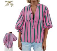 Womens Striped V Neck Blouse,Puff 3/4 Sleeve Babydoll Tunic Top,Cute Casual Loose Fit Flowy Shirts,V-Neck Pleated T-Shirt (FR/ES, Letras, S, Regular, Regular, Rose)