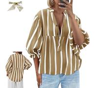 Womens Striped V Neck Blouse,Puff 3/4 Sleeve Babydoll Tunic Top,Cute Casual Loose Fit Flowy Shirts,V-Neck Pleated T-Shirt (FR/ES, Letras, M, Regular, Regular, Khaki)