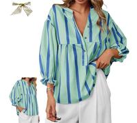 Womens Striped V Neck Blouse,Puff 3/4 Sleeve Babydoll Tunic Top,Cute Casual Loose Fit Flowy Shirts,V-Neck Pleated T-Shirt (FR/ES, Letras, S, Regular, Regular, Light Green)