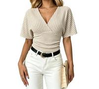 Womens Striped V Neck Blouse Short Sleeve Ruched Waist Dressy Casual Top (Apricot,XXL)